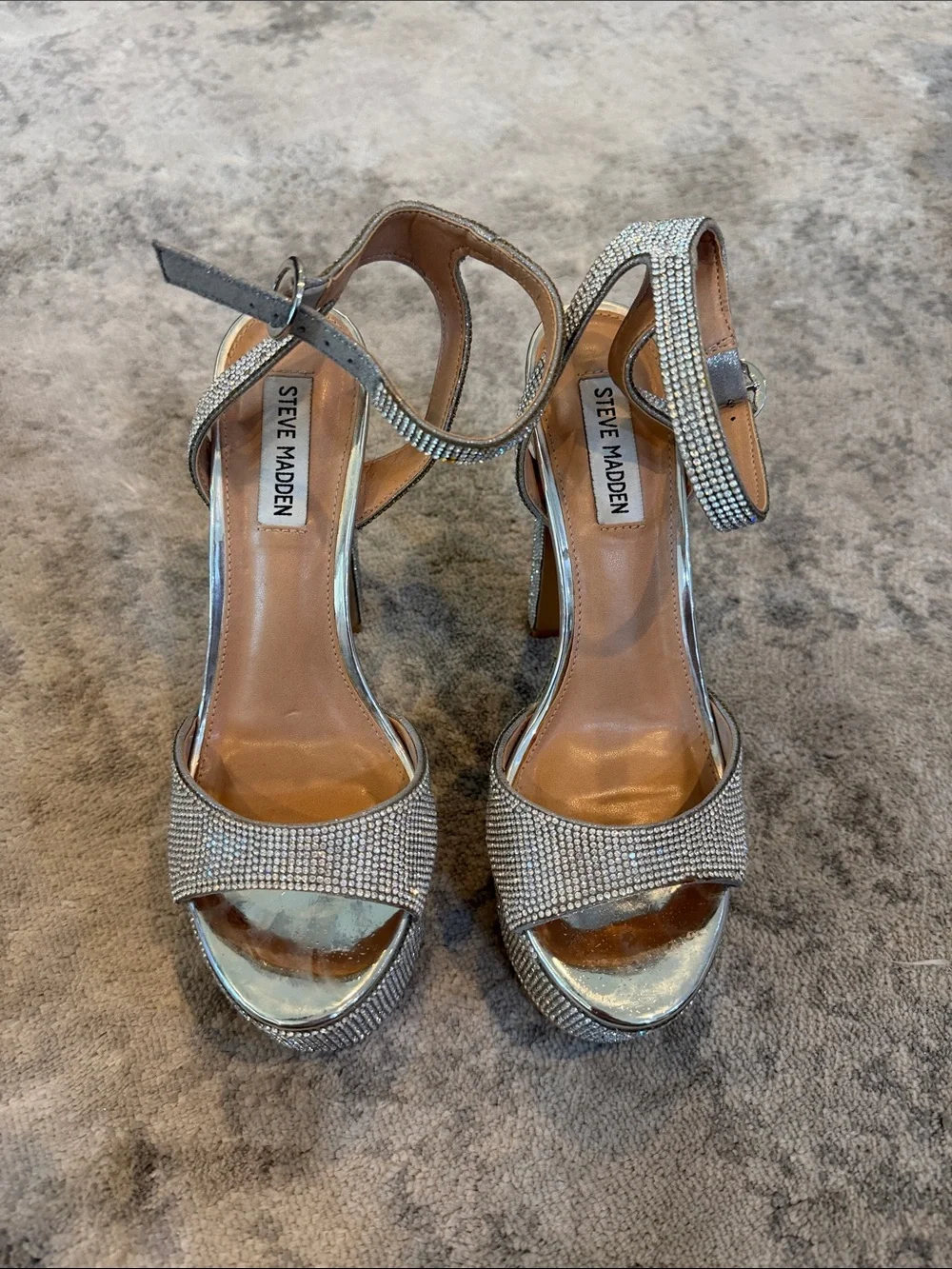 Steve Madden Silver Rhinestone Platform Sandals with Ankle Strap